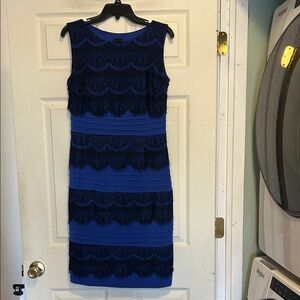 Melrose Blue with Black Lace Overlay Sheath Cocktail Dress Size 12